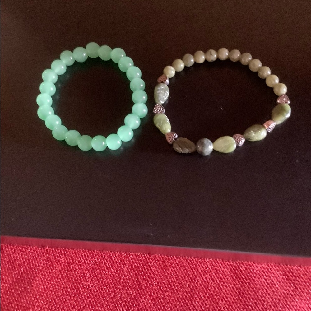 Green Beaded Stretch Bracelets - Pair
